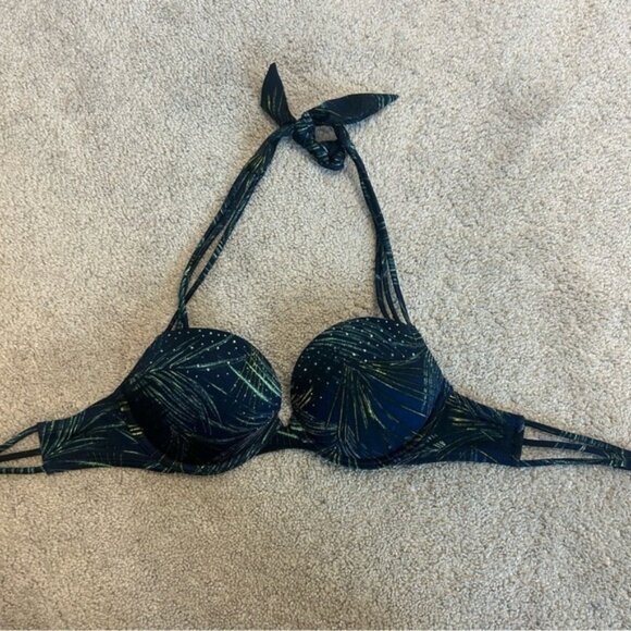 Victorias Secret navy blue green tropical leaf print rhinestone bikini top - Picture 5 of 10